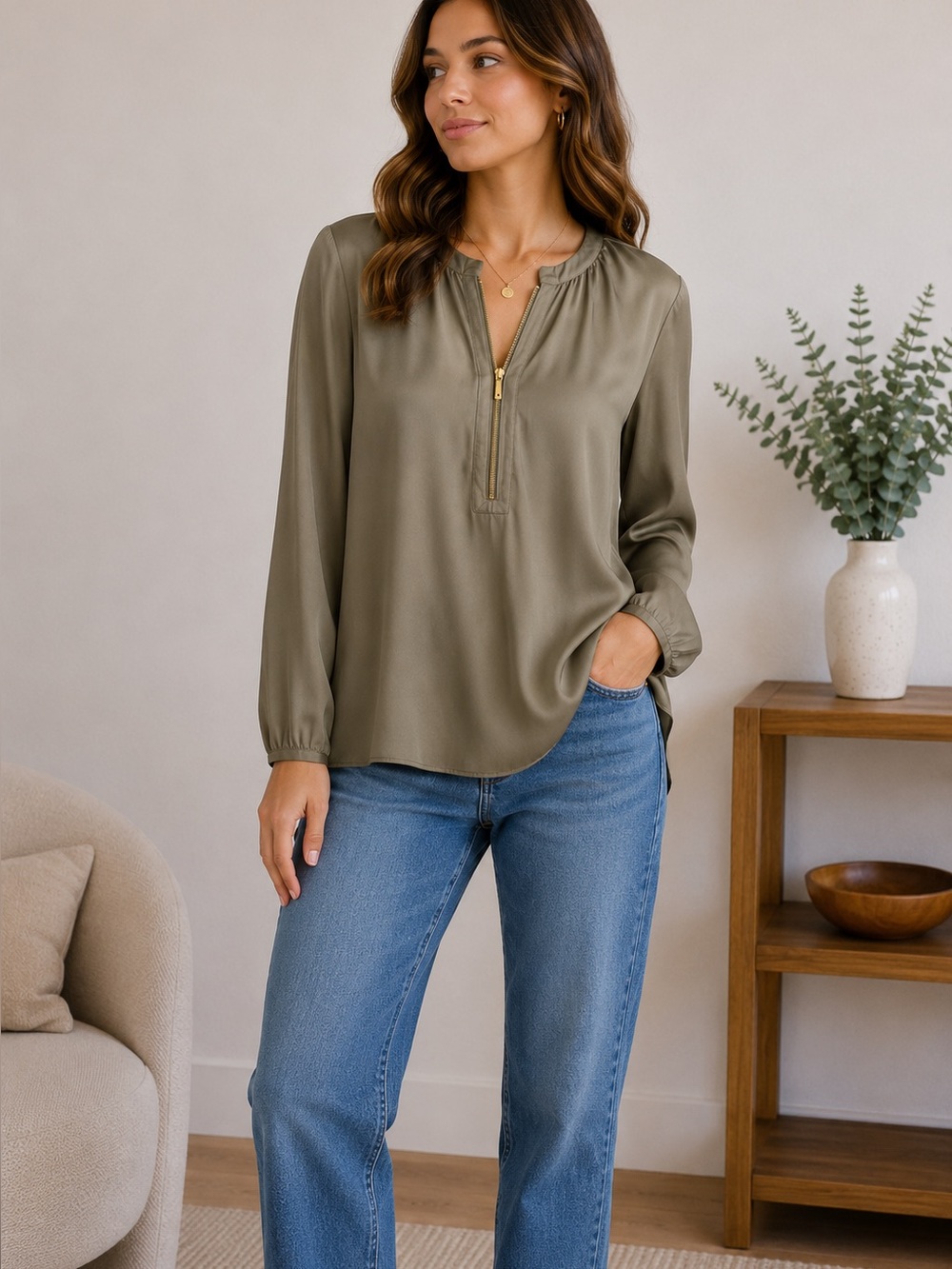 Michael Kors Satin Zip Blouse Olive Green Long Sleeve Top Women’s size 8 NWOT